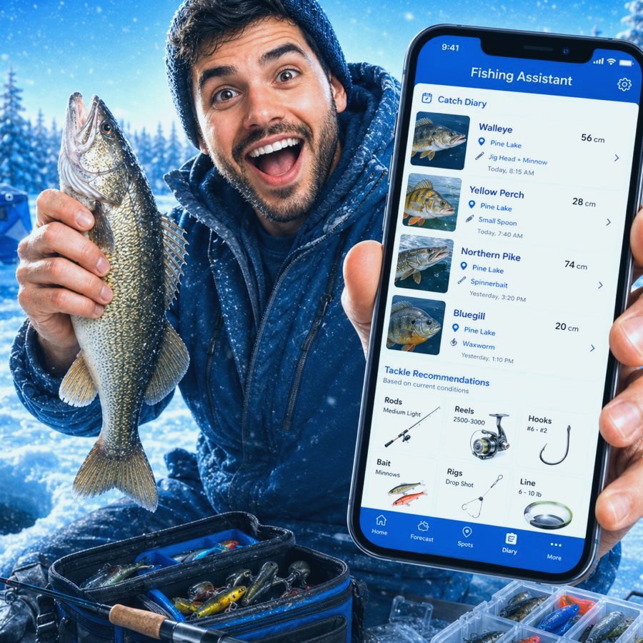 Angler using catch diary and fishing logbook