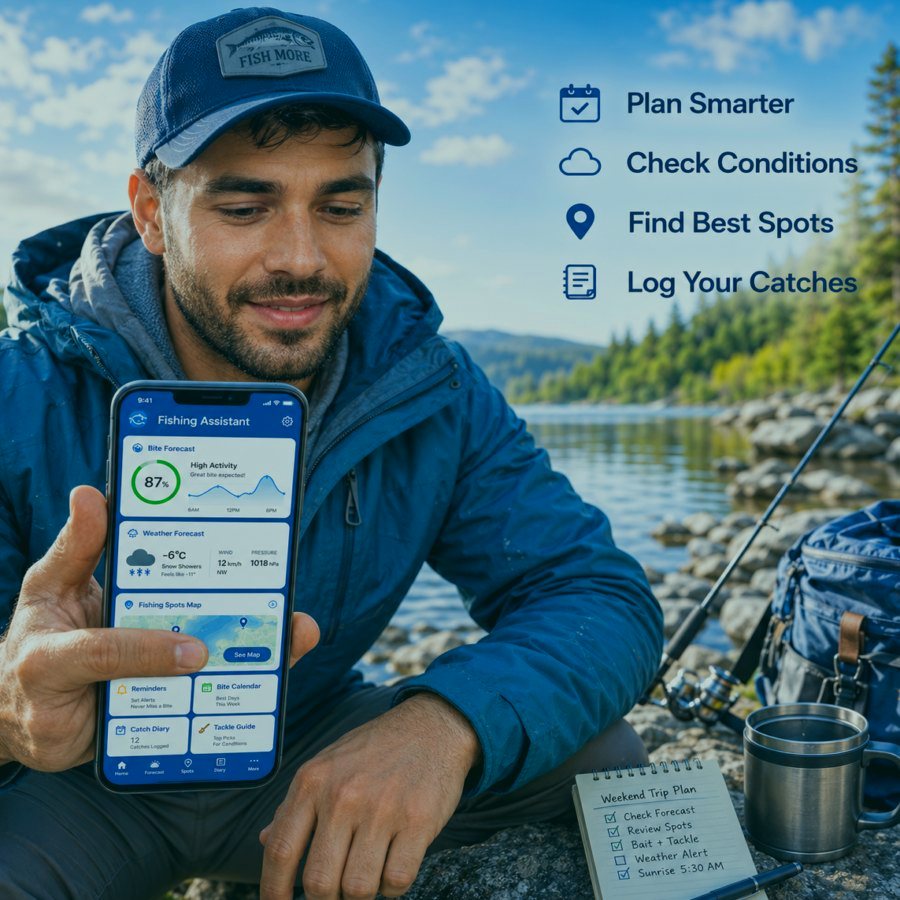 Fishing Assistant app screen with forecast and map