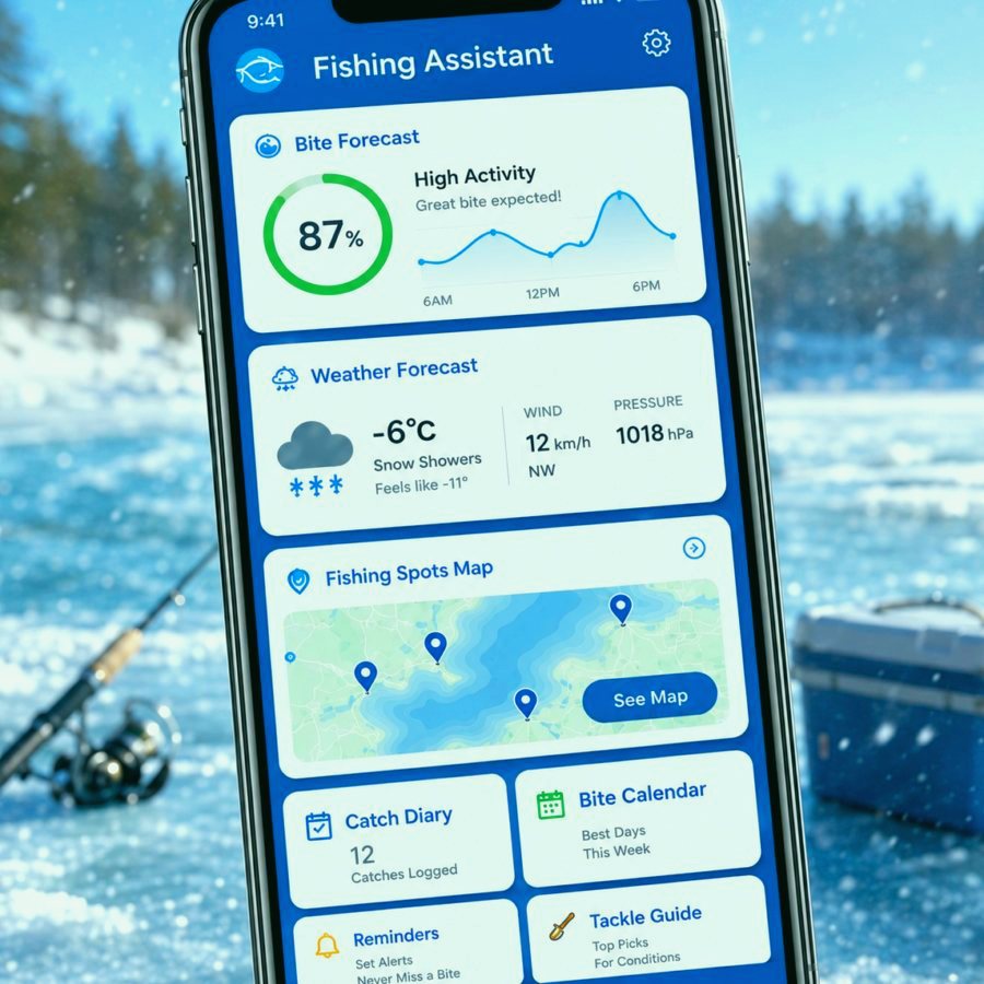 Fishing map screen with saved spots